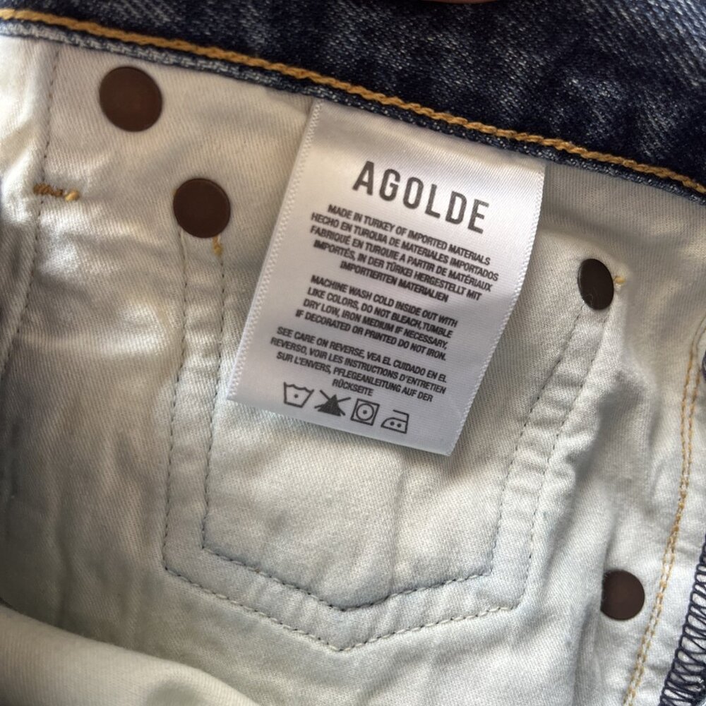 AGOLDE Rumi Mid Length Denim Shorts Frayed Hem Distressed Precision Wash Sz 28 - Picture 4 of 5